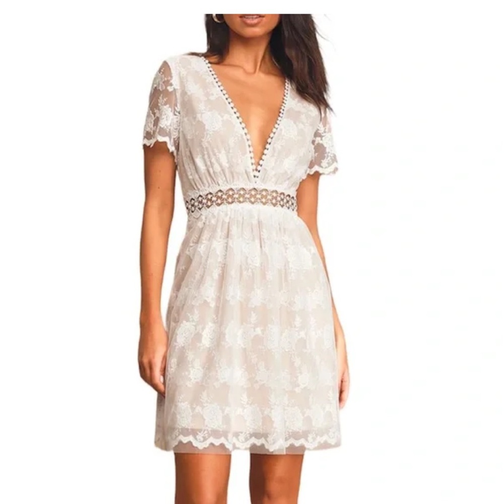 Lulu's Ivory Lace V-Neck Mini Dress